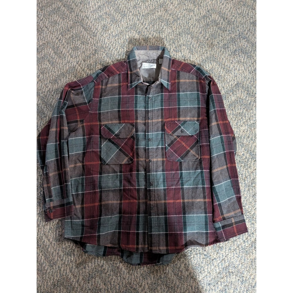 Vintage Sears Roebuck Mens XL Wool Blend Plaid Flannel Shirt Burgundy Grey Teal